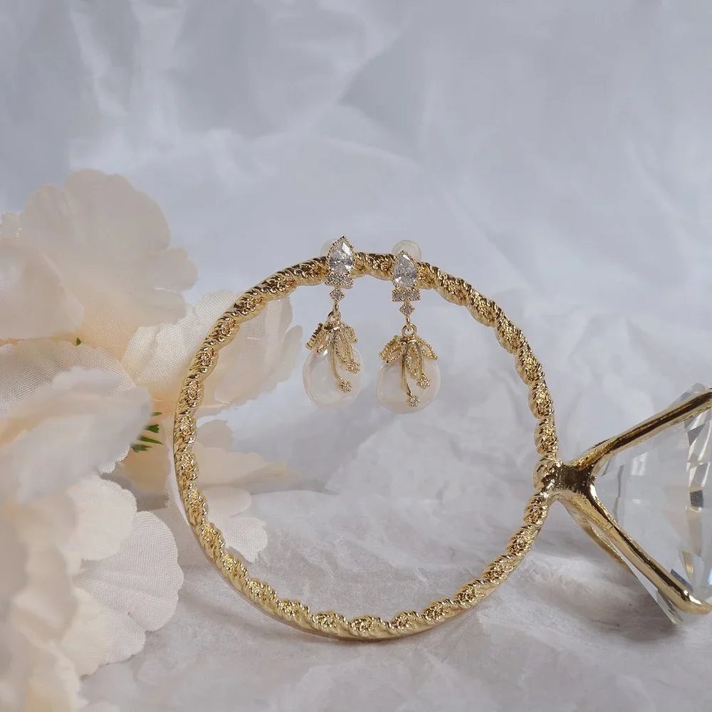 NEW 14K Gold Plated Fresh Water Pearl Diamond Bow Knot Earrings